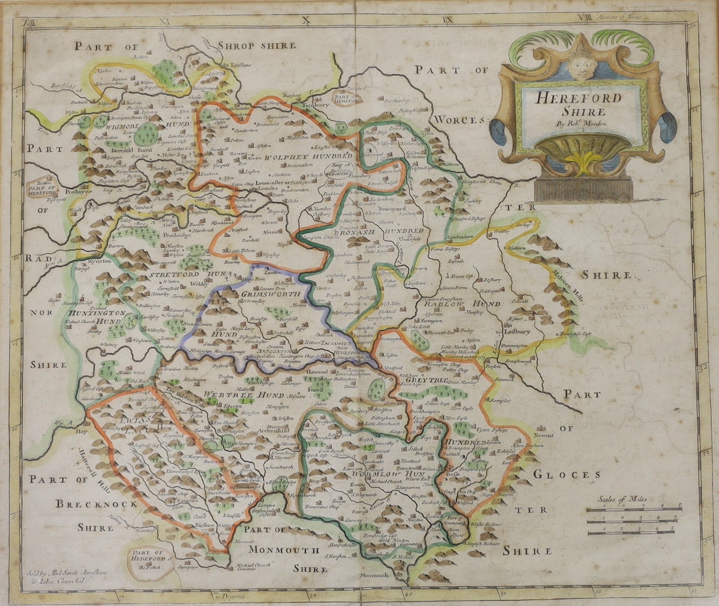 Robert Morden, coloured engraving, Map of Herefordshire, 38 x 44cm